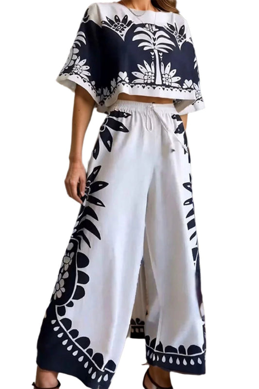 TEEK - White Printed Half Sleeve Top Wide Leg Pants Set SET TEEK Trend S  