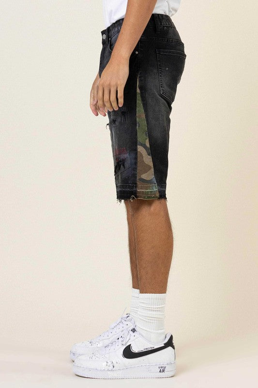 TEEK - Black Camo Paneled Released Hem Denim Shorts SHORTS TEEK FG   