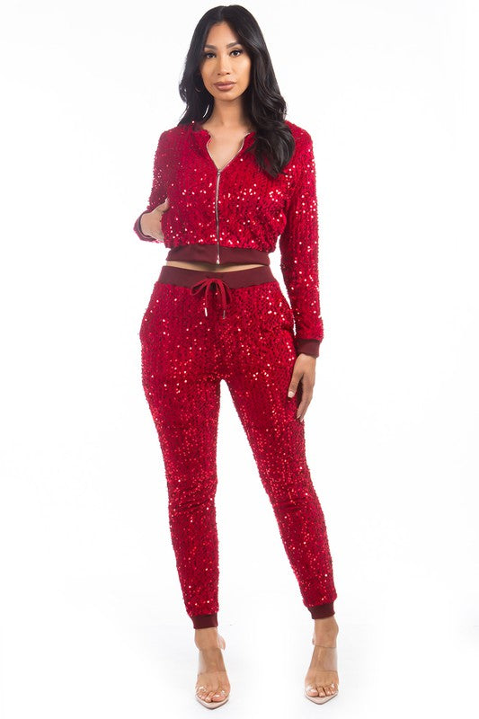 SEXY SEQUIN TWO PIECE PANT SET  By Claude RED S 