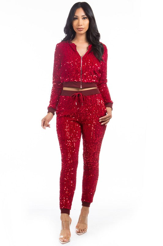 TEEK - RED SEQUIN TWO PIECE PANT SET SET TEEK FG   