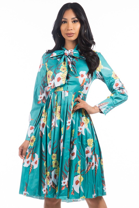 TEEK - GREEN FLORAL NECK TIE PLEATED DRESS DRESS TEEK FG   