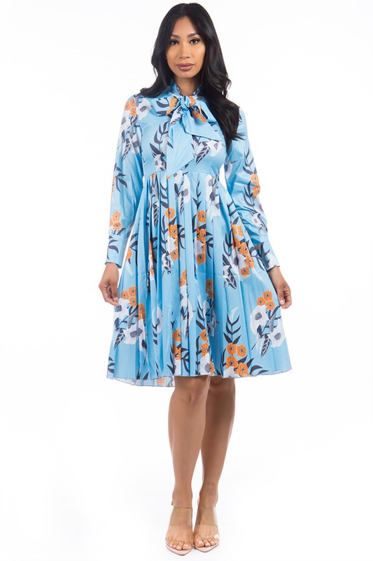 TEEK - BLUE FLORAL NECK TIE PLEATED DRESS DRESS TEEK FG S  