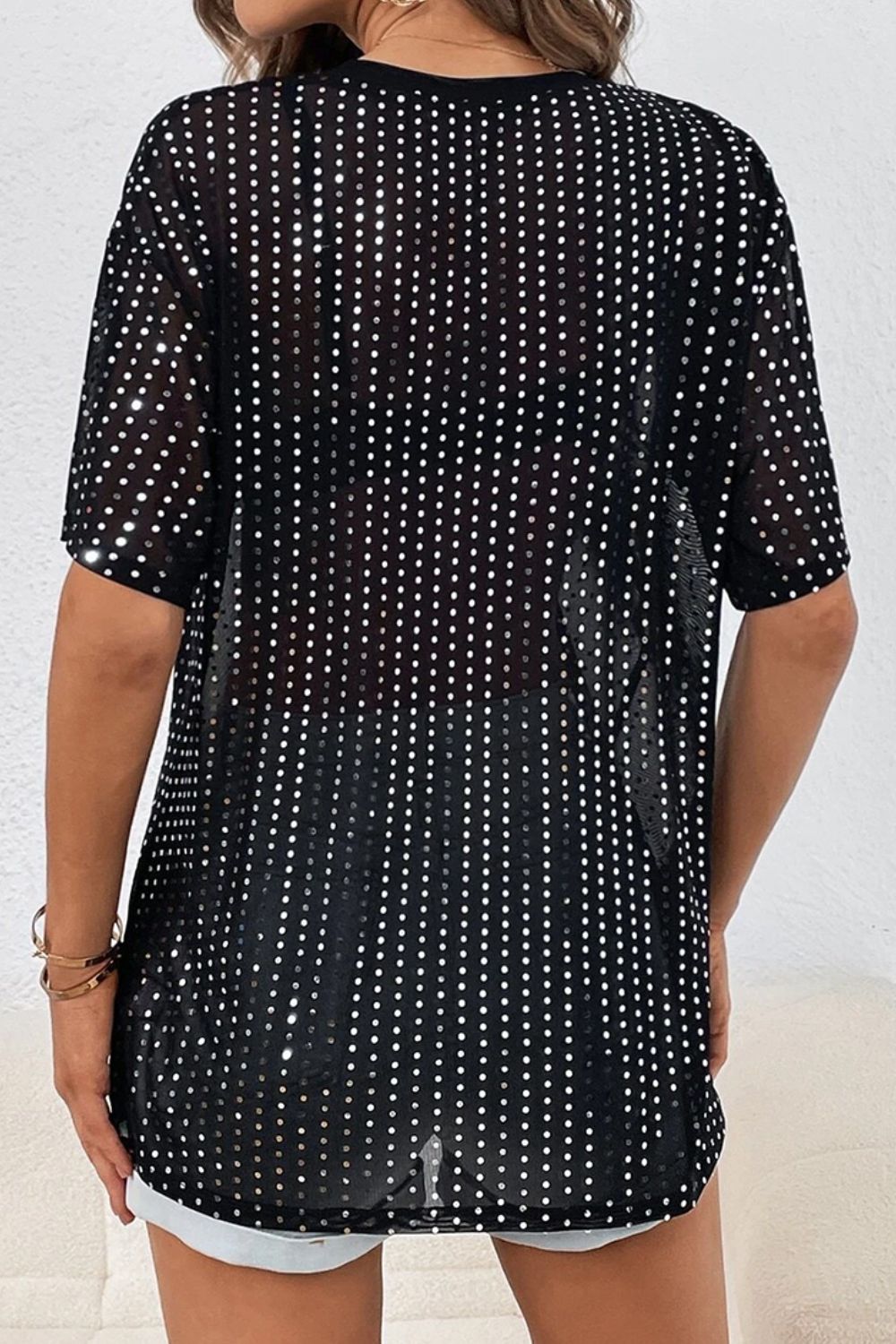 TEEK - Black Polka Dot Rhinestone Half Sleeve Shirt TOPS TEEK Trend   