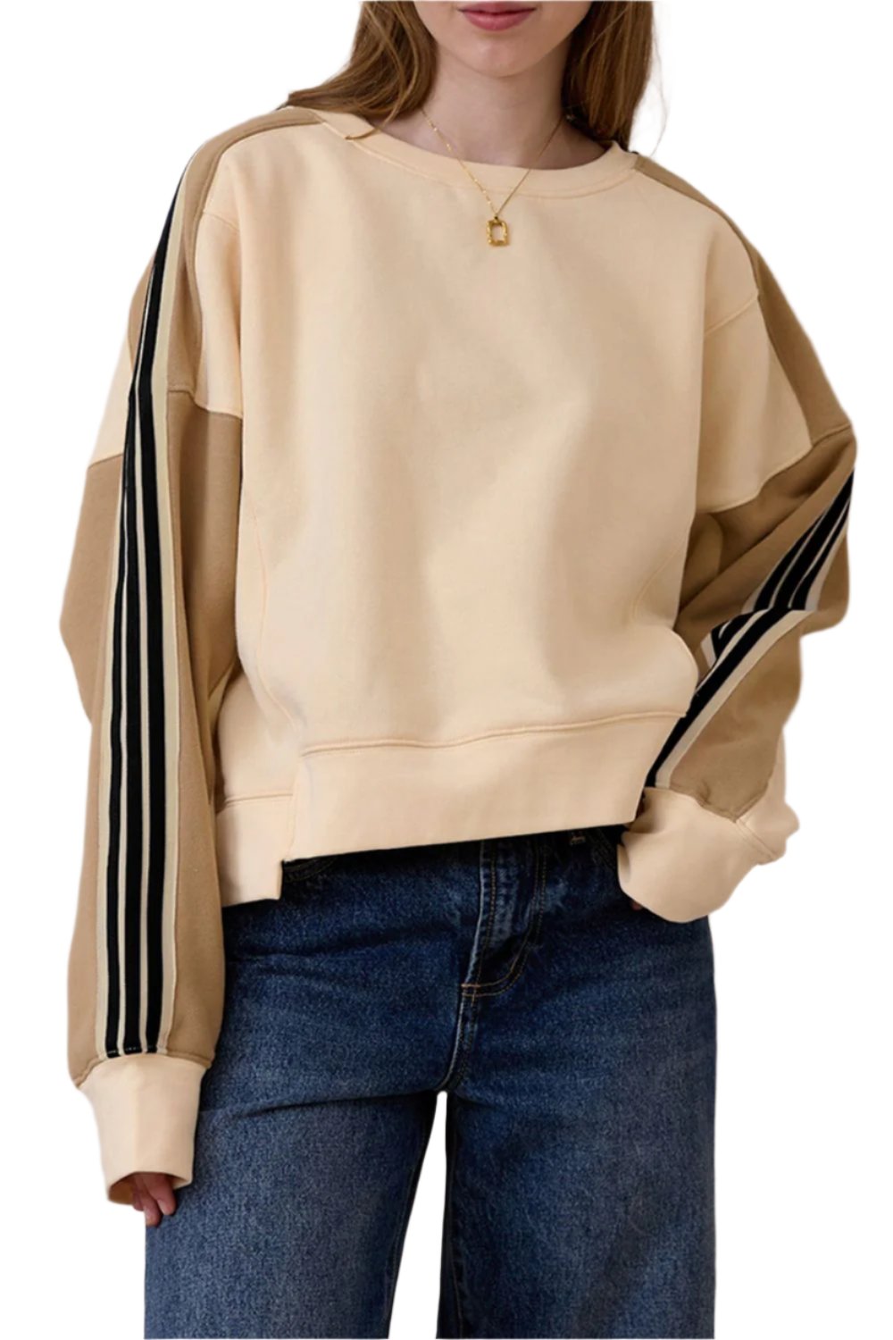 TEEK - Beige Contrast Round Neck Long Sleeve Sweatshirt TOPS TEEK Trend (US 4-6)S