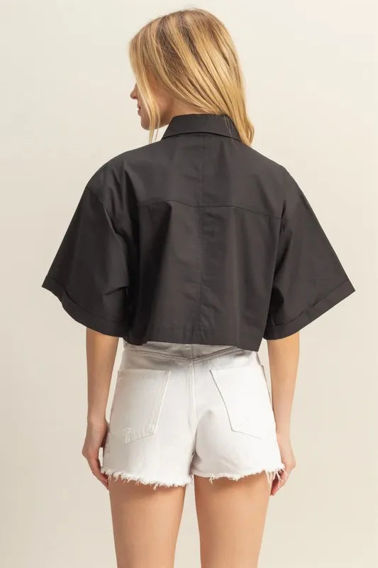 TEEK - Black Collared Neck Short Sleeve Crop Shirt TOPS TEEK Trend