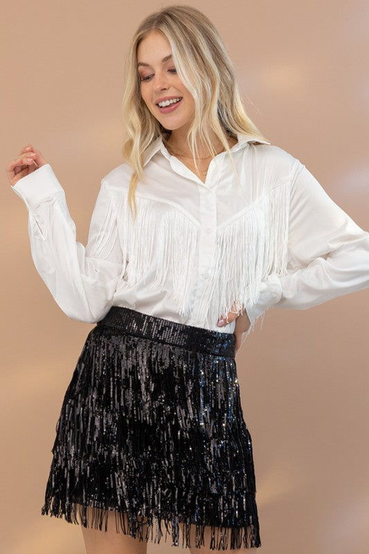 TEEK - Chevron Fringe Satin Blouse TOPS TEEK H   