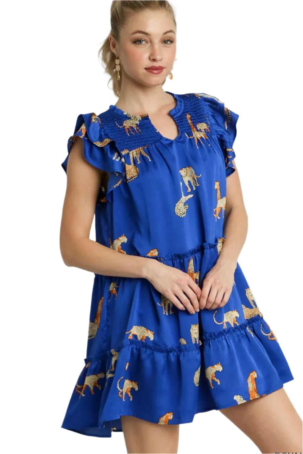 TEEK - Royal Blue Cheetah Notched Ruffle Layered Cap Sleeve Dress DRESS TEEK Trend S