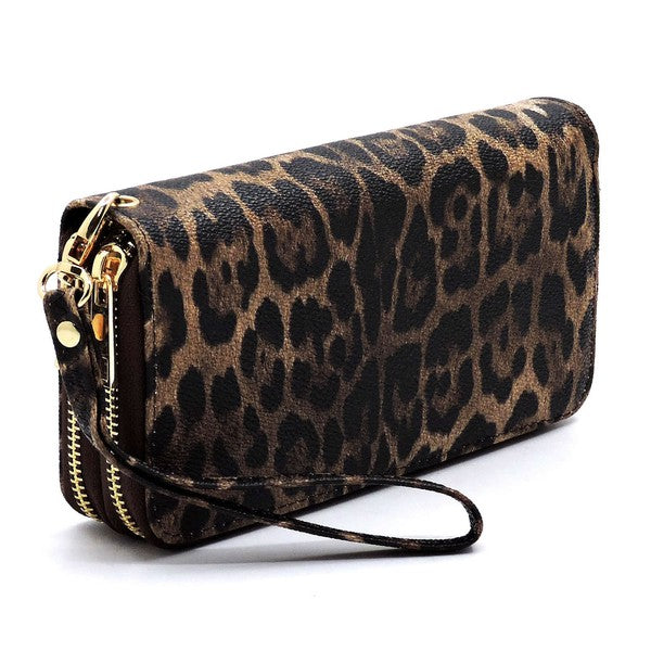 TEEK - Leopard Double Zip Around Wallet Wristlet BAG TEEK FG Brown  