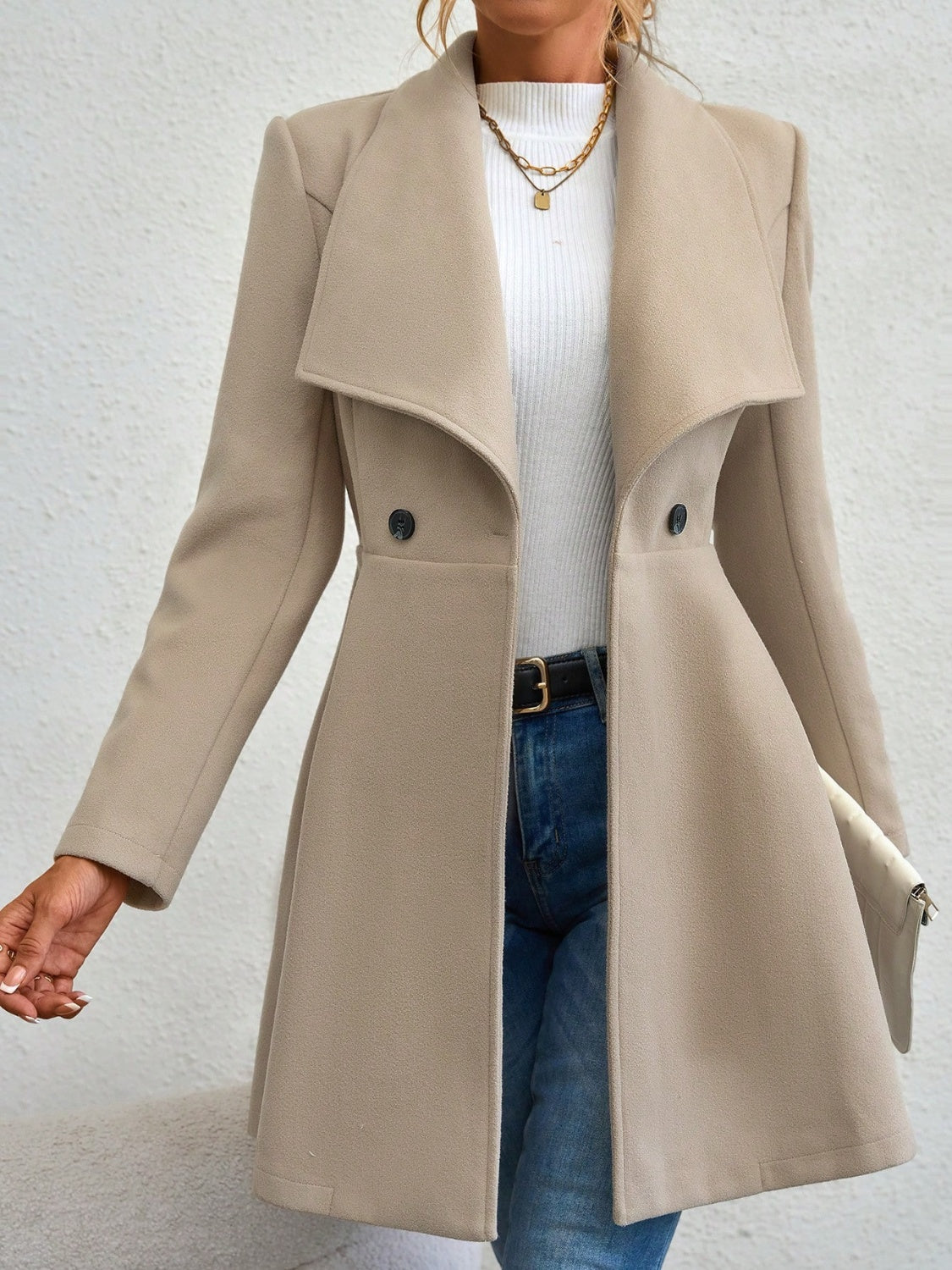 Collared Neck Button Up Long Sleeve Coat TEEK Trend