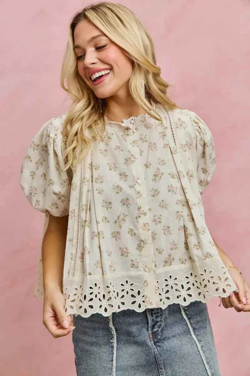 TEEK - Floral Print Lace Trim Short Sleeves Blouse TOPS TEEK Trend