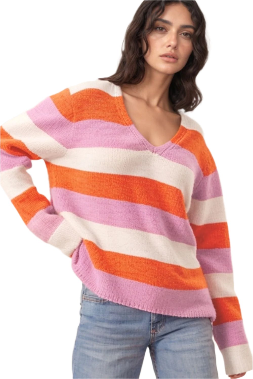 TEEK - TangerineColor Block V-Neck Long Sleeve Sweater TOPS TEEK Trend S