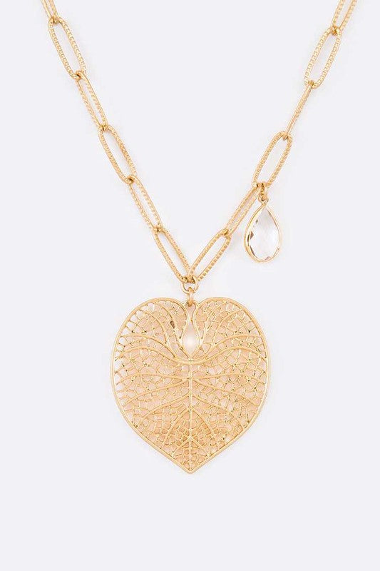 TEEK - Cutout Leaf Teardrop Crystal Pendant Necklace JEWELRY TEEK FG WASHED GOLD  