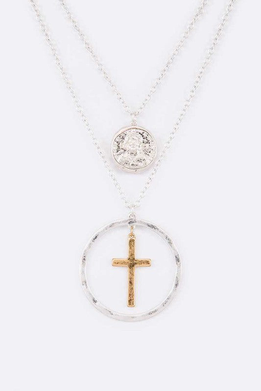 TEEK - Mix Tone Cross Coin Pendant Necklace JEWELRY TEEK FG WASHED SILVER/WASHED GOLD  