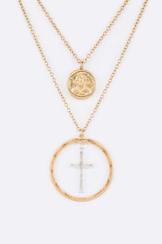 TEEK - Mix Tone Cross Coin Pendant Necklace JEWELRY TEEK FG WASHED GOLD/WASHED SILVER  