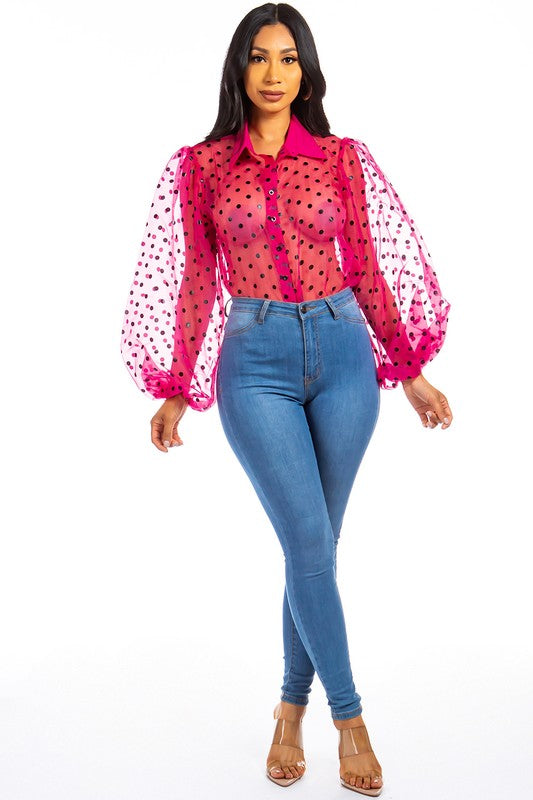 TEEK - FUCHSIA POLKA DOT MESH SHIRT TOPS TEEK FG S  