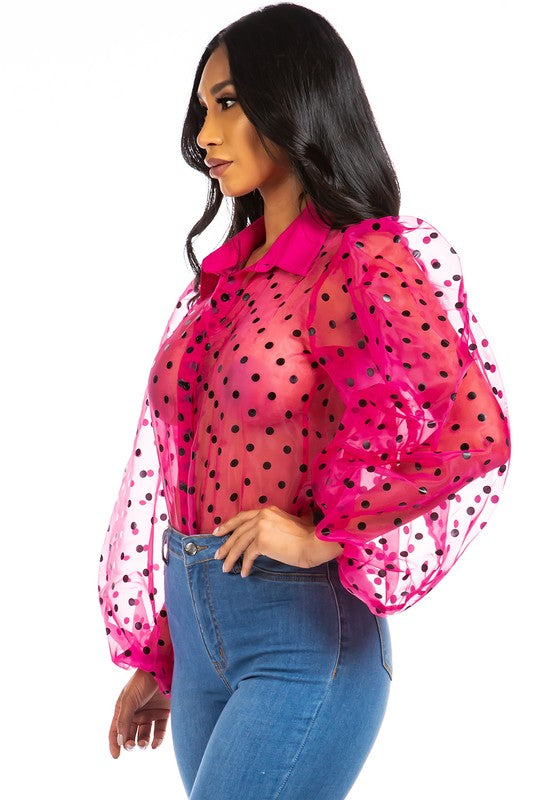 TEEK - FUCHSIA POLKA DOT MESH SHIRT TOPS TEEK FG   