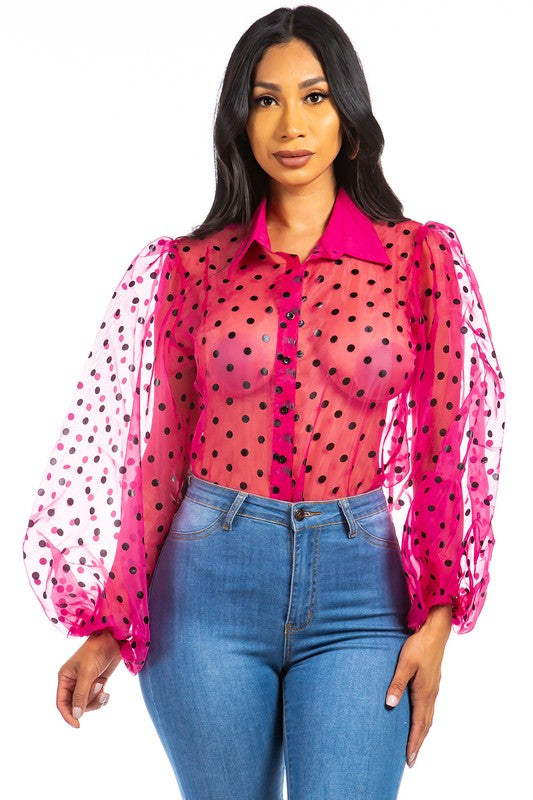 TEEK - FUCHSIA POLKA DOT MESH SHIRT TOPS TEEK FG   