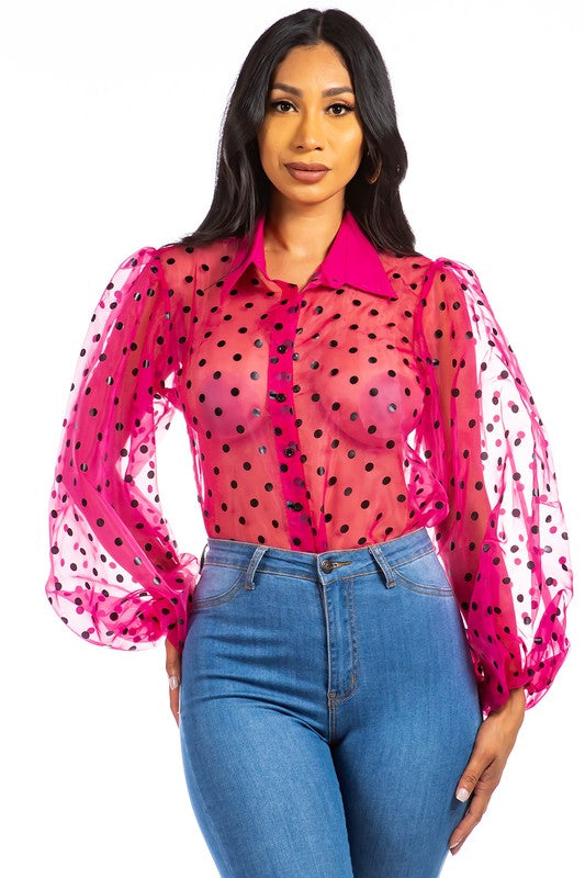 TEEK - FUCHSIA POLKA DOT MESH SHIRT TOPS TEEK FG   