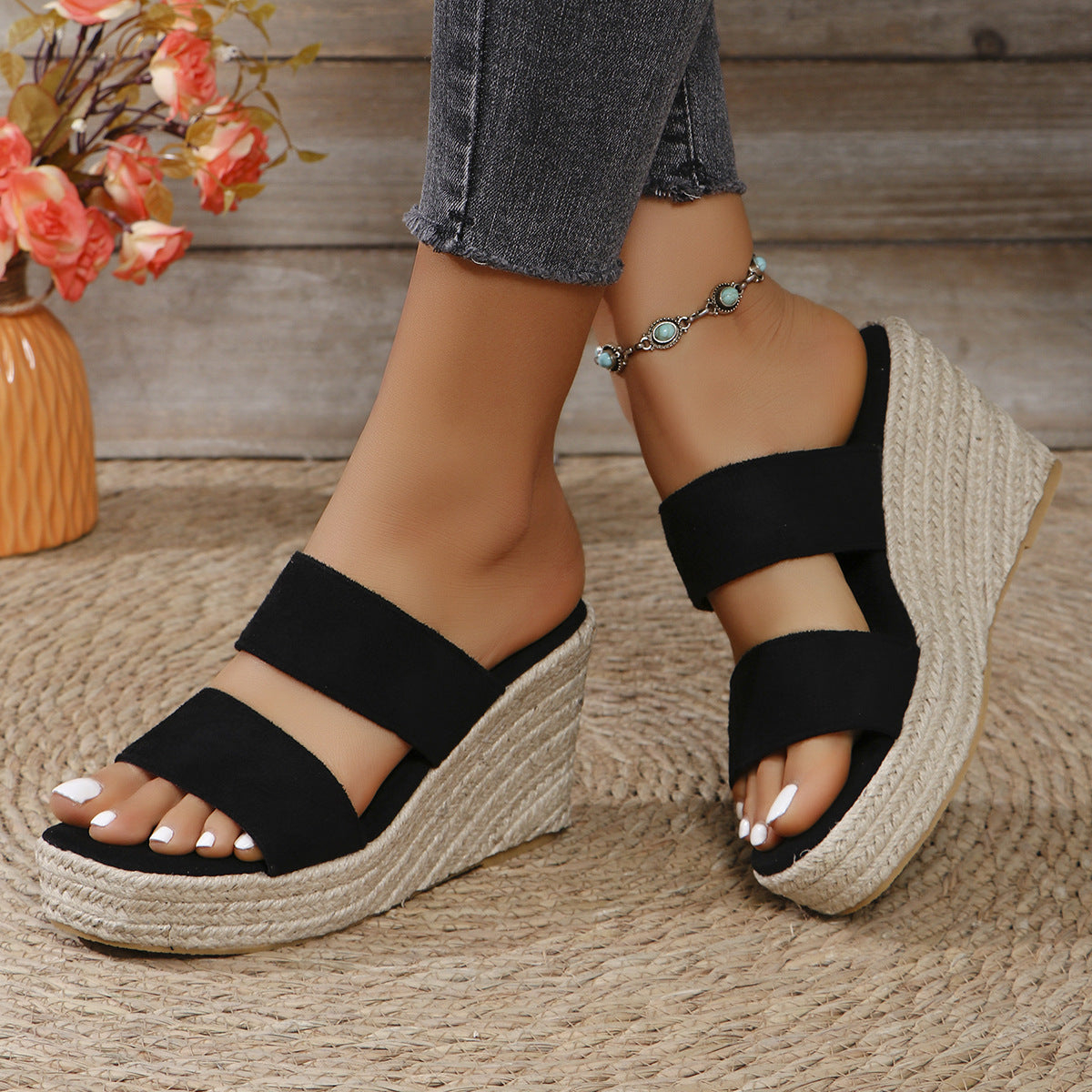 TEEK - Open Toe Double Band Wedge Sandals SHOES TEEK Trend Black 6 