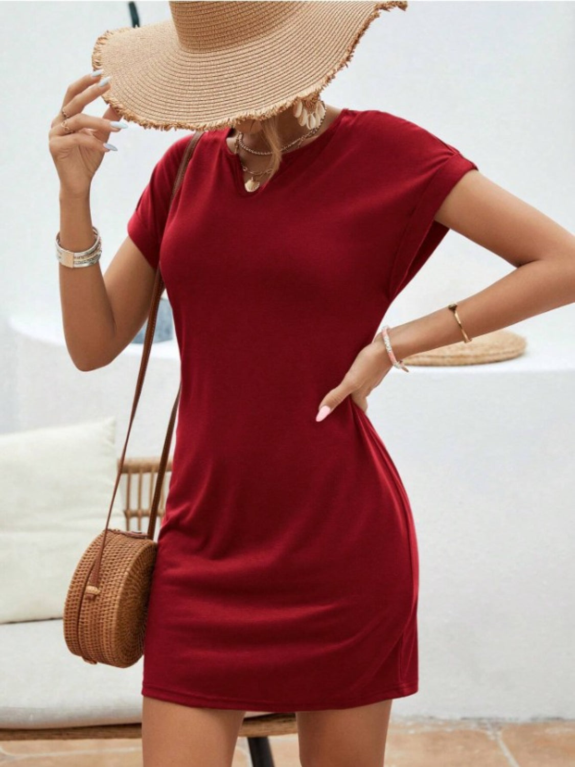 TEEK - Notched Short Sleeve Mini Tee Dress DRESS TEEK Trend Burgundy S 