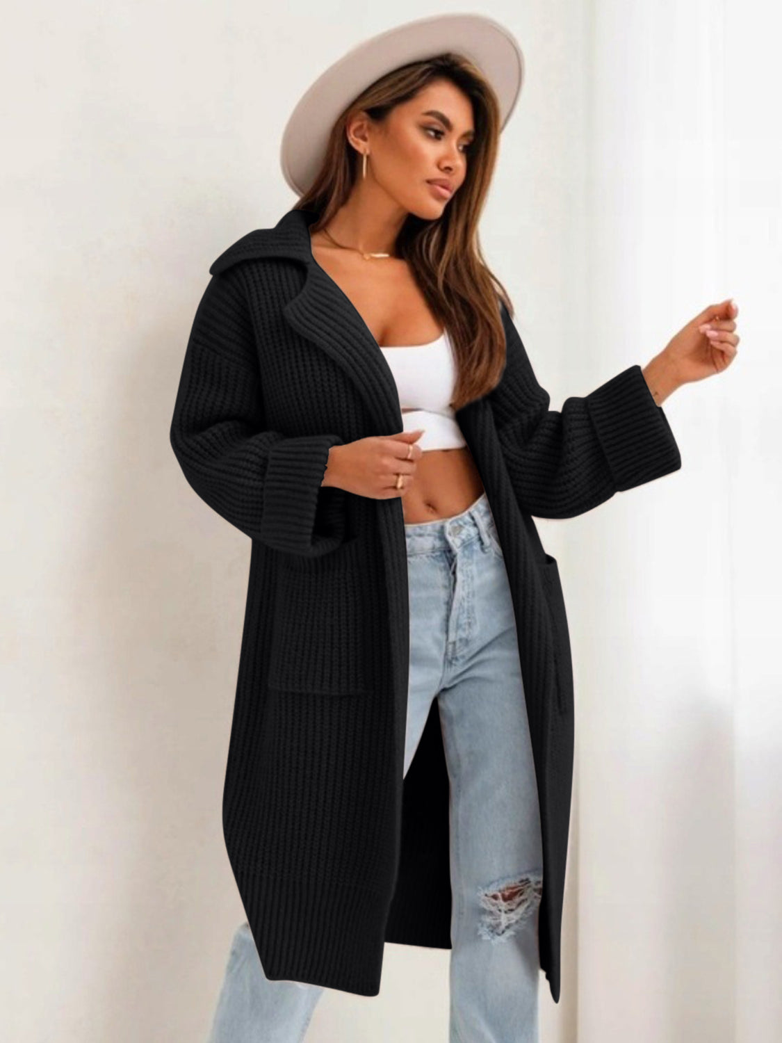 TEEK - Pocketed Collared Neck Dropped Shoulder Cardigan SWEATER TEEK Trend