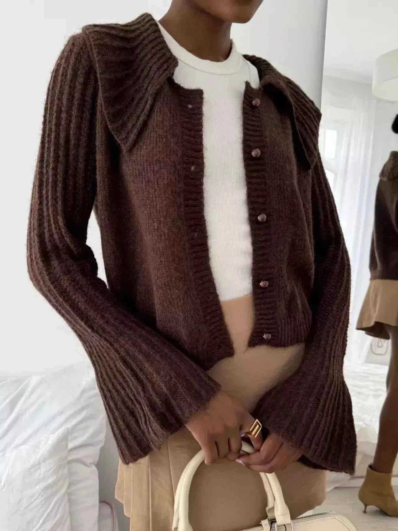 Button Up Flare Sleeve Cardigan Trendsi