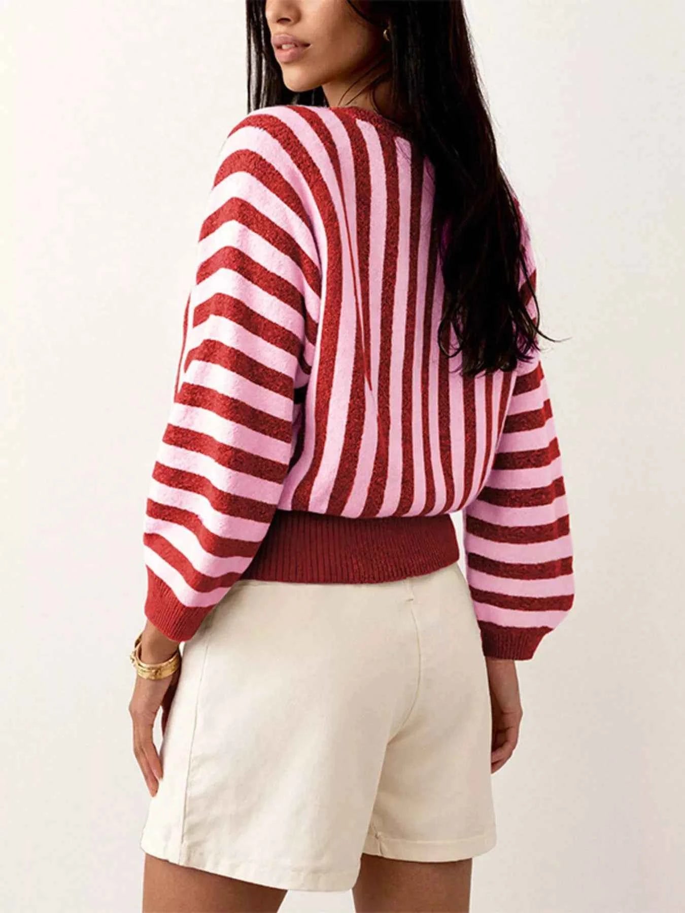 Striped Crew Neck Sweater Trendsi Deep Red S