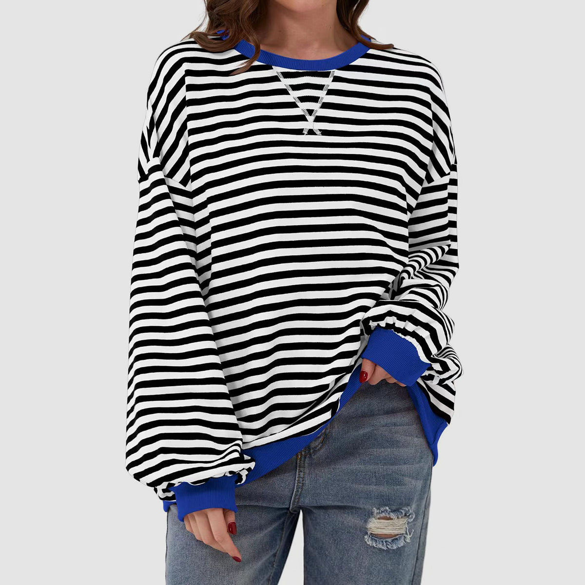 TEEK - Striped Round Neck Long Sleeve Shirt TOPS TEEK Trend Black/White S 
