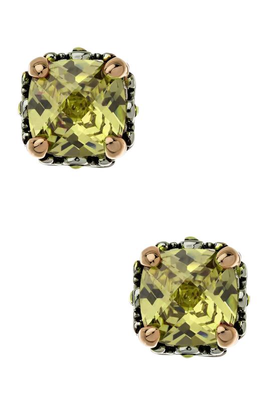 TEEK - CZ Designed 2 Tone Prong Set Cushion Stud Earrings JEWELRY TEEK FG Light Green  