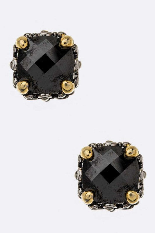 TEEK - CZ Designed 2 Tone Prong Set Cushion Stud Earrings JEWELRY TEEK FG Black  