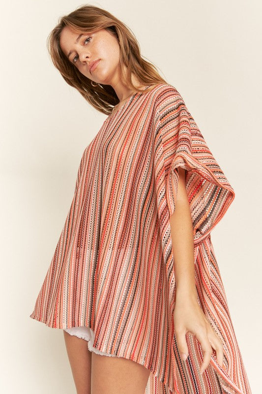 TEEK - PEACH COLORFUL VERTICAL STRIPE PONCHO TOPS TEEK FG   