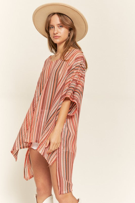 TEEK - PEACH COLORFUL VERTICAL STRIPE PONCHO TOPS TEEK FG   