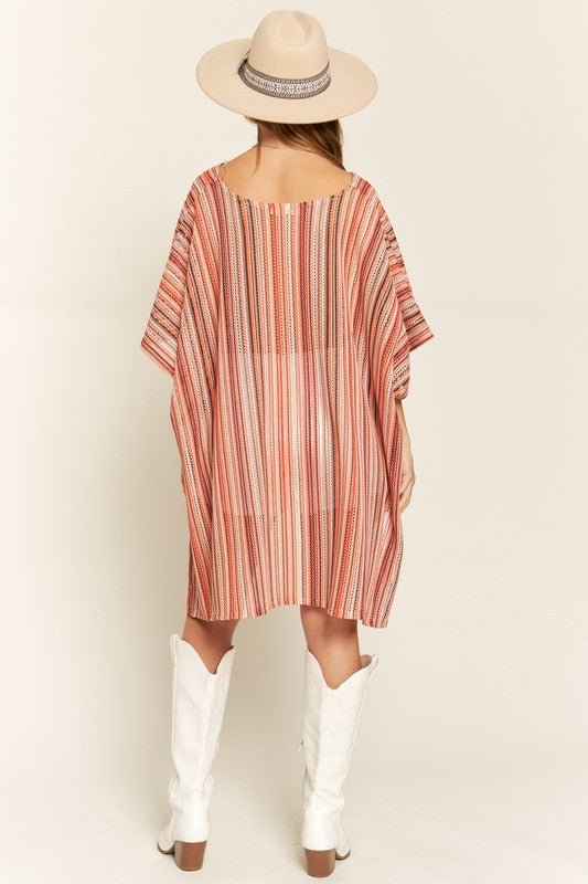 TEEK - PEACH COLORFUL VERTICAL STRIPE PONCHO TOPS TEEK FG   