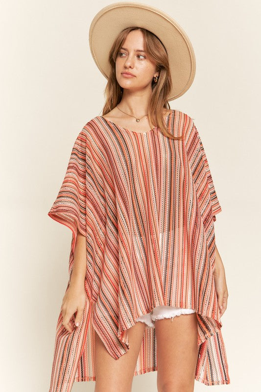 TEEK - PEACH COLORFUL VERTICAL STRIPE PONCHO TOPS TEEK FG   