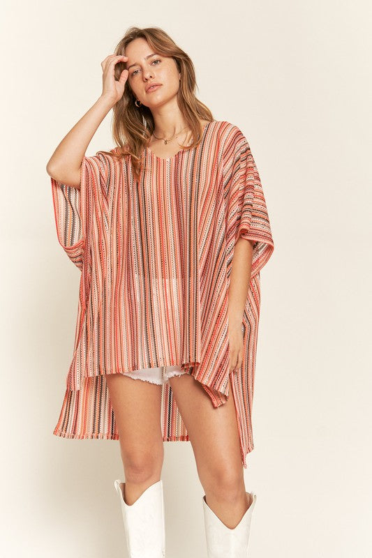 TEEK - PEACH COLORFUL VERTICAL STRIPE PONCHO TOPS TEEK FG   