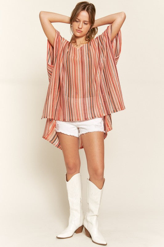 TEEK - PEACH COLORFUL VERTICAL STRIPE PONCHO TOPS TEEK FG   