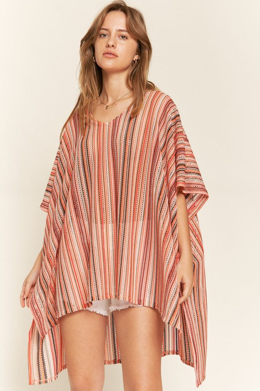 TEEK - PEACH COLORFUL VERTICAL STRIPE PONCHO TOPS TEEK FG   