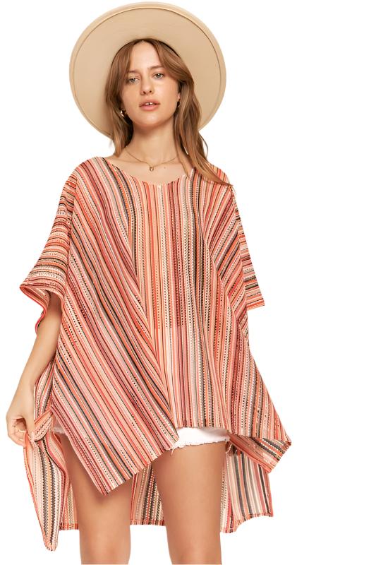 TEEK - PEACH COLORFUL VERTICAL STRIPE PONCHO TOPS TEEK FG   