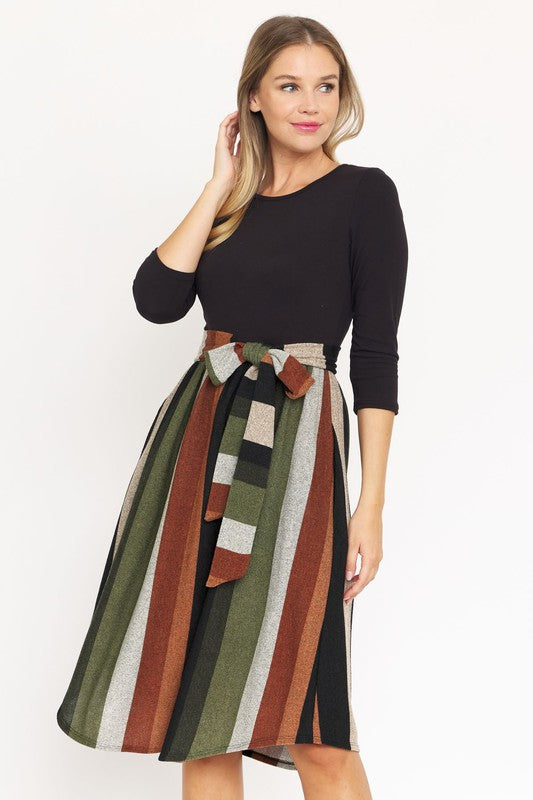 TEEK - Quarter Sleeve Stripe Sash Dress DRESS TEEK FG Black Olive S 