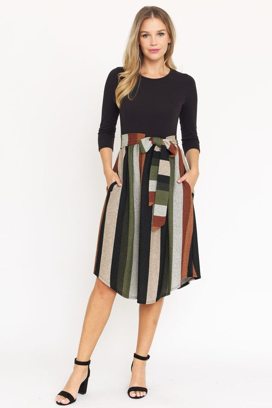 TEEK - Quarter Sleeve Stripe Sash Dress DRESS TEEK FG   