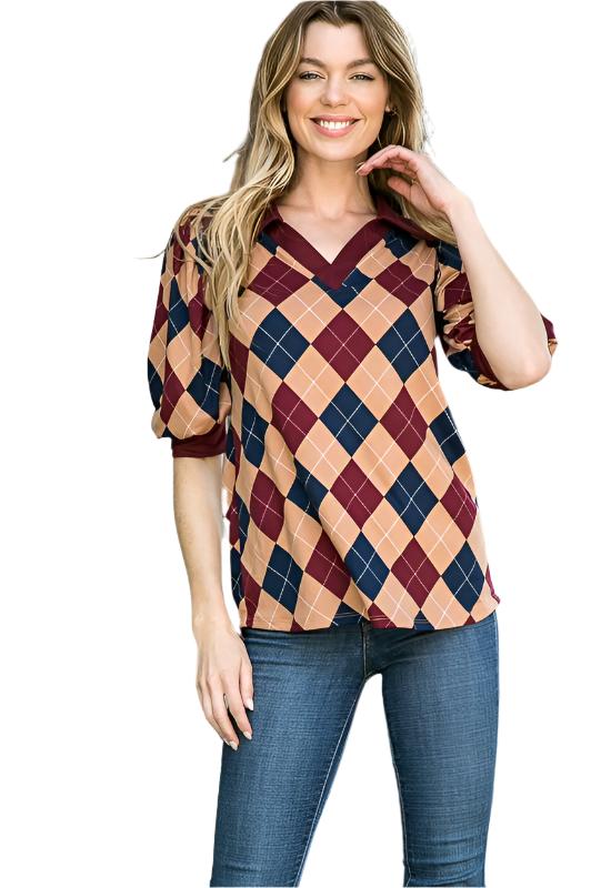 TEEK - Collared Argyle Top TOPS TEEK FG WINE S 