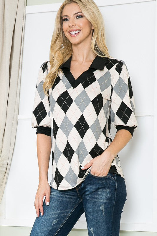 TEEK - Collared Argyle Top TOPS TEEK FG GREY L 