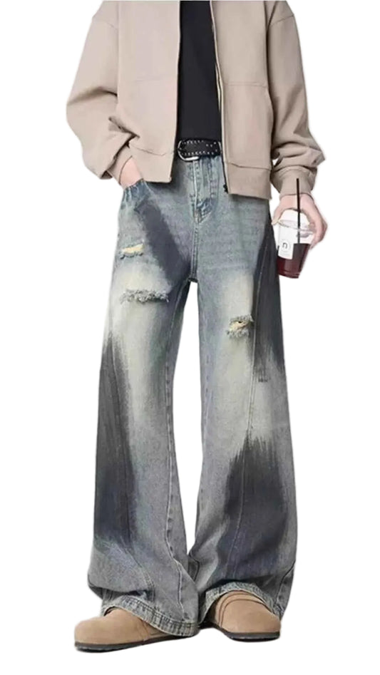 TEEK - Mens Plus Size Distressed Wide Leg Jeans PANTS TEEK Trend Blue M