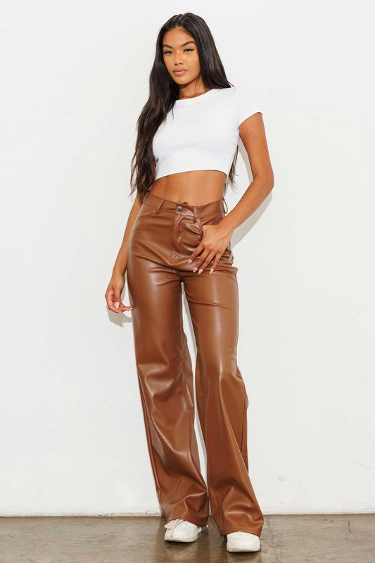 TEEK - Cognac Vegan Leather Wide Leg Pants PANTS TEEK FG   