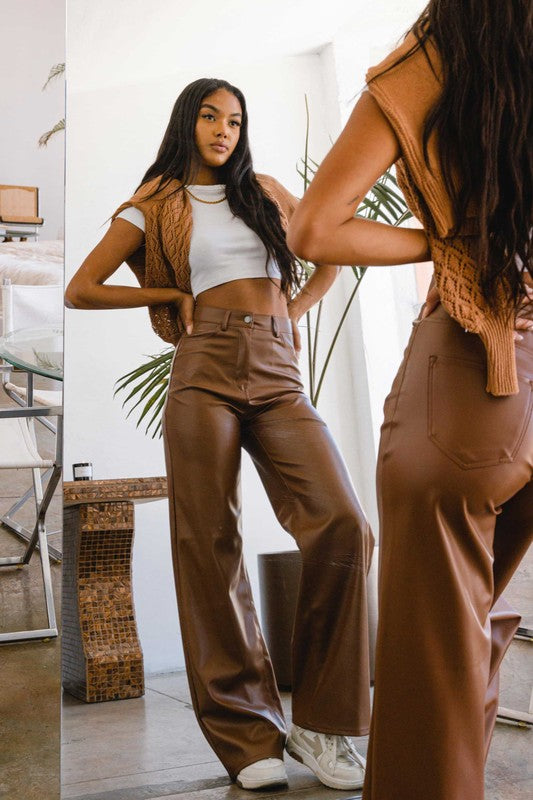 TEEK - Cognac Vegan Leather Wide Leg Pants PANTS TEEK FG   