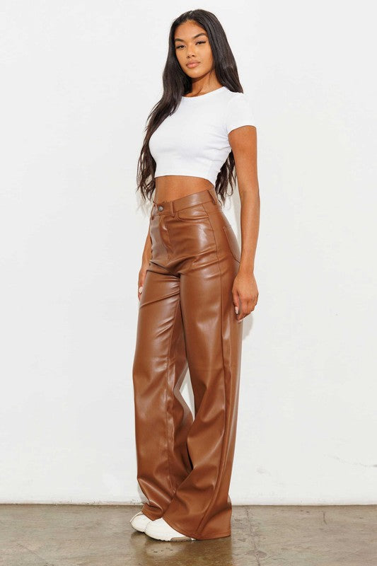 TEEK - Cognac Vegan Leather Wide Leg Pants PANTS TEEK FG   