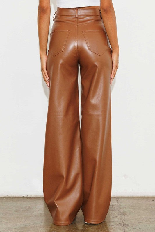 TEEK - Cognac Vegan Leather Wide Leg Pants PANTS TEEK FG   