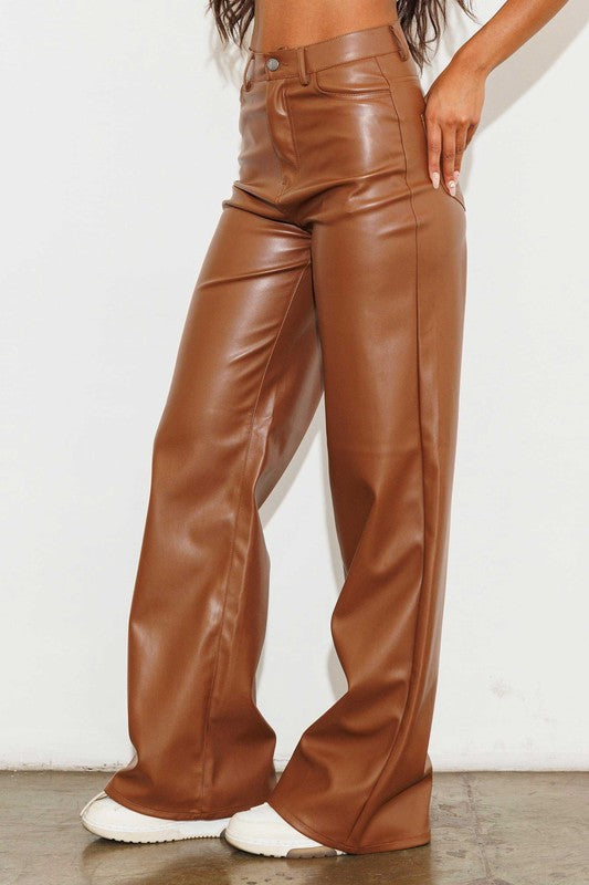 TEEK - Cognac Vegan Leather Wide Leg Pants PANTS TEEK FG   