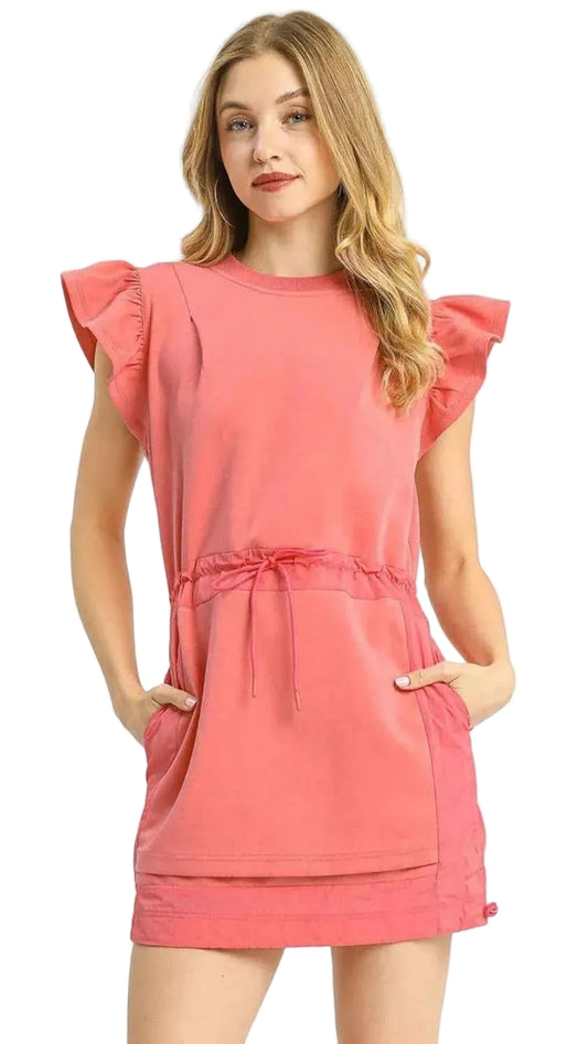 Umgee Luxe knit Ruffle Sleeve Drawstring Mini Dress