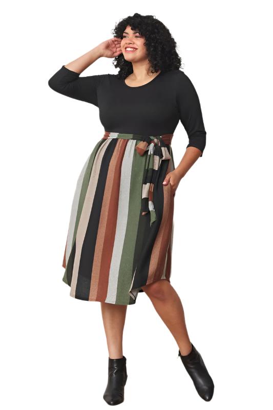 TEEK - Plus Size Quarter Sleeve Stripe Sash Dress DRESS TEEK FG   